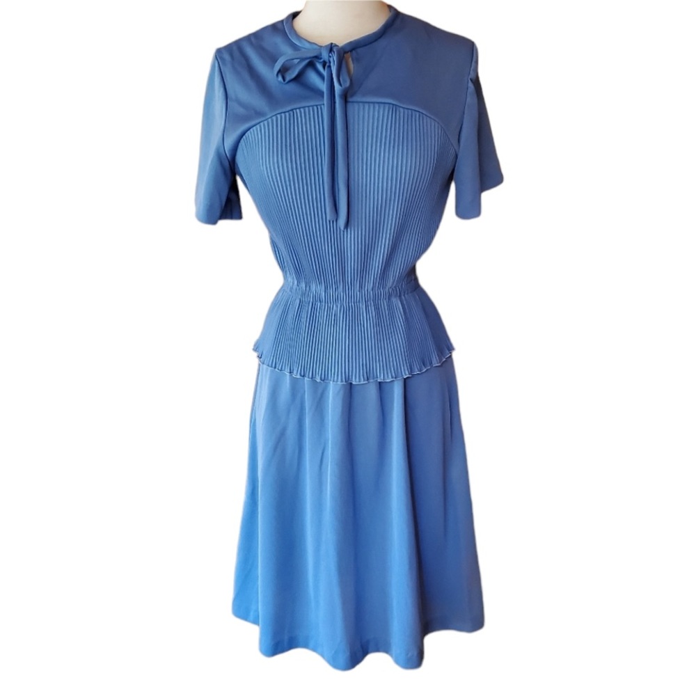 1970s Unlabeled Blue, Polyester Peplum Dress